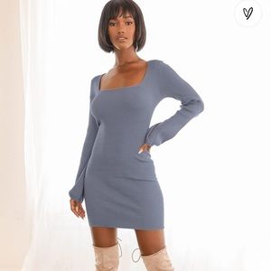 Lulus Best Guess Dusty Blue Ribbed Bodycon Sweater Dress, Size L NWT